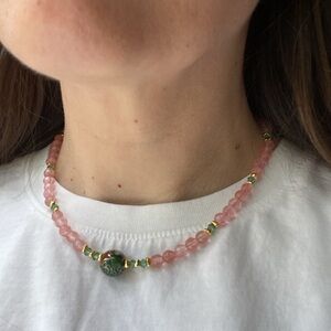 Handcrafted Rose Quartz, Swaroswki Beads with a Cloisonné Center Piece Necklace